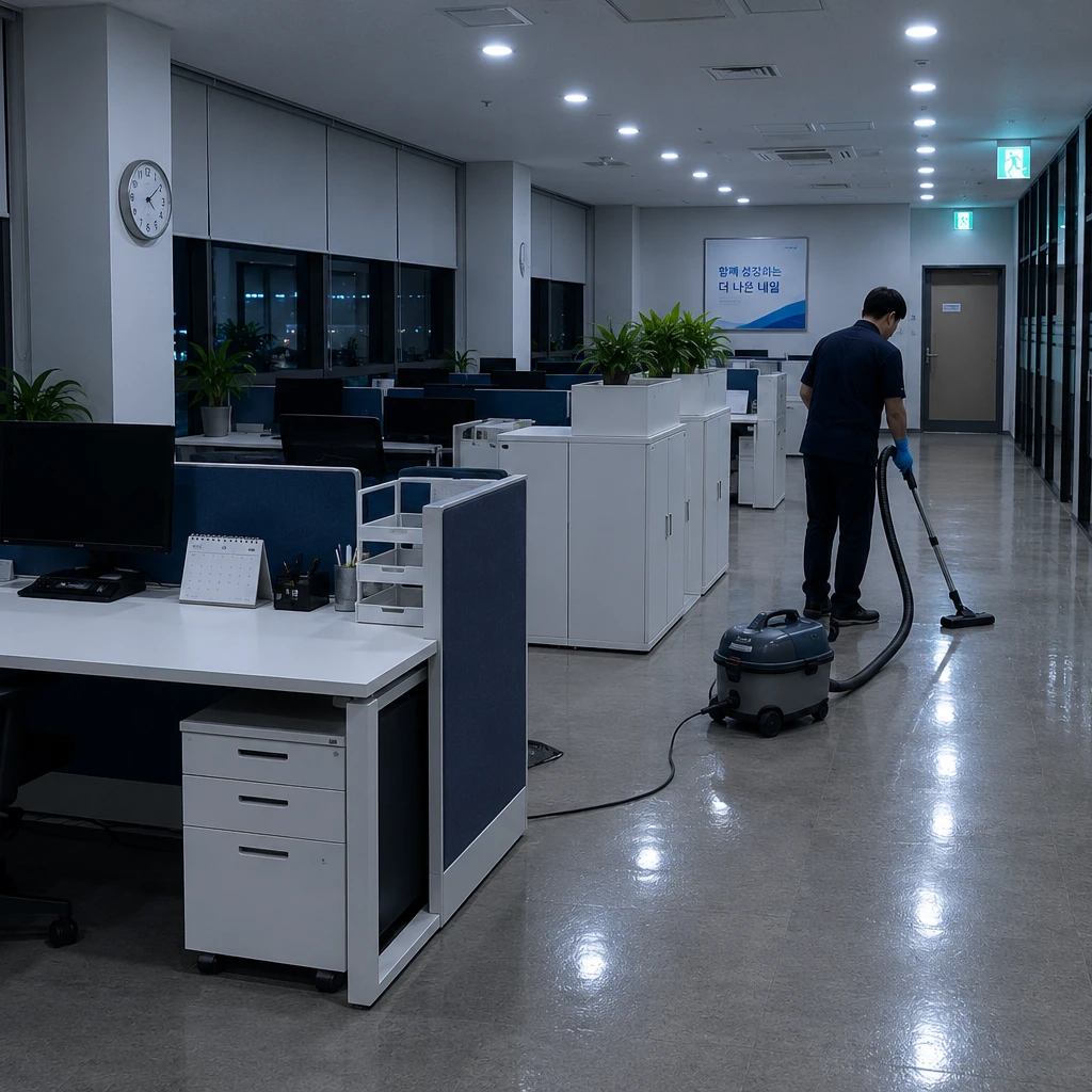 서울 강남 정기청소 - 에어건과 전용 직수 흡진 물 분무기를 사용하여 사무실 바닥을 청결하게 청소하고 있는 환경 전문가의 모습
