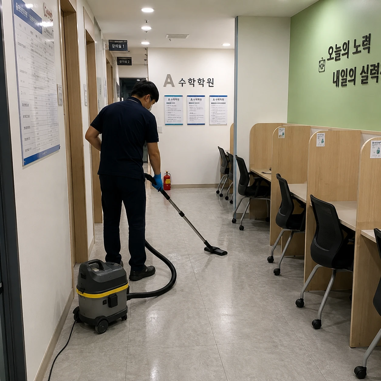 서울 구로 정기청소 - 교실 책상과 복도, 화물 적재용 사각지대의 분진 가루를 꼼꼼히 닦아내는 펠트 크리닝